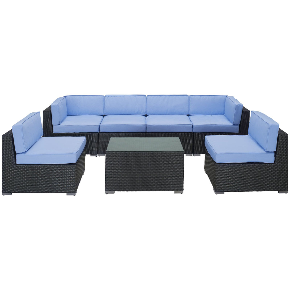 Lexmod Aero Outdoor Wicker Patio 7-Piece Sectional Sofa Set In Espresso With Light Blue Cushions