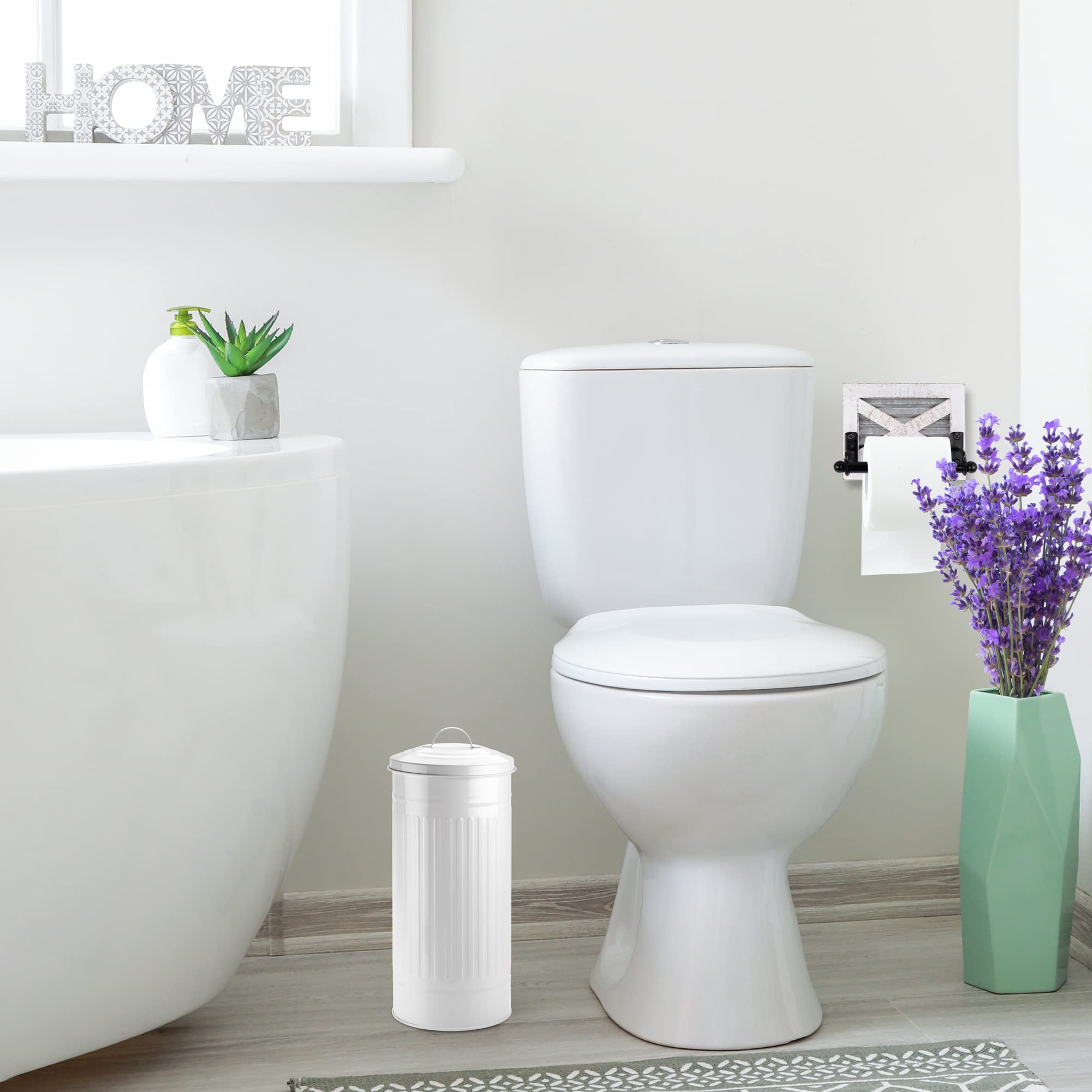 Autumn Alley White Toilet Paper Holder Canister With Lid - Vertical Rustproof Free-Standing Farmhouse Metal Toilet Tissue Caddy