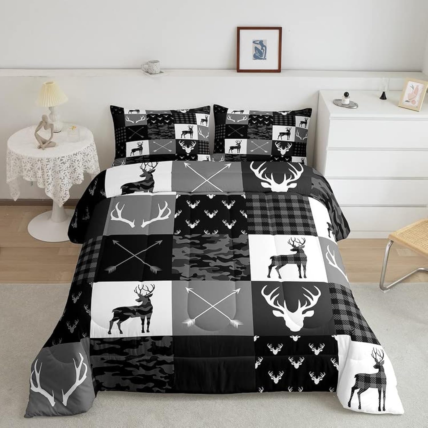 Deer Silhouette Comforter Set Queen Size,Camo Western Rustic Farmhouse Xmas Bedding Set 3Pcs For Kids Teens Home Room Decor,Antl