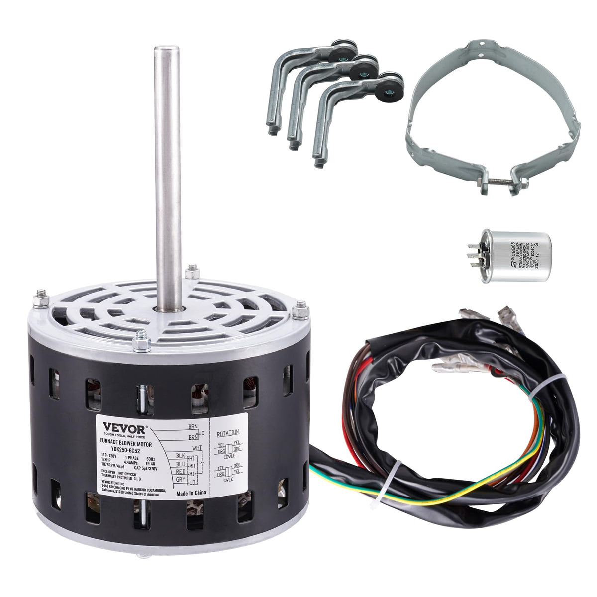 VEVOR 1/3HP Furnace Blower Motor, 110/120V 4.4Amps, 1075RPM 4 Speeds, CW/CCW Rotation, 48 Frame 5.2'' Shaft Length, 5F/370V Capa