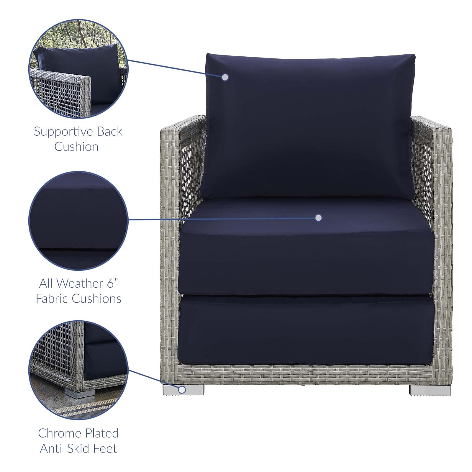 Modway Aura Wicker Rattan Outdoor Patio Arm Chair With Cushions In Gray Navy