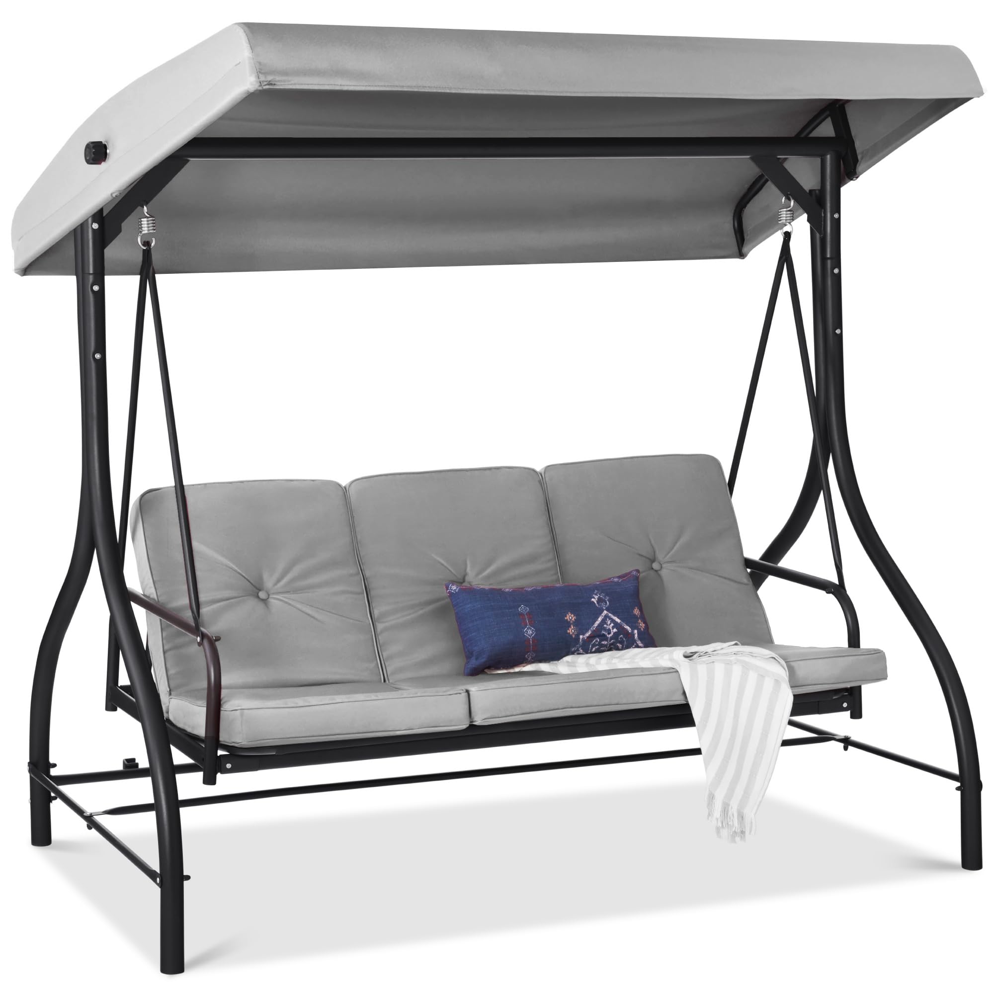 Best Choice Products 3-Seat Outdoor Large Converting Canopy Swing Glider, Patio Hammock Lounge Chair For Porch, Backyard W/Flatbed, Adjustable Shade, Removable Cushions - Fog Gray