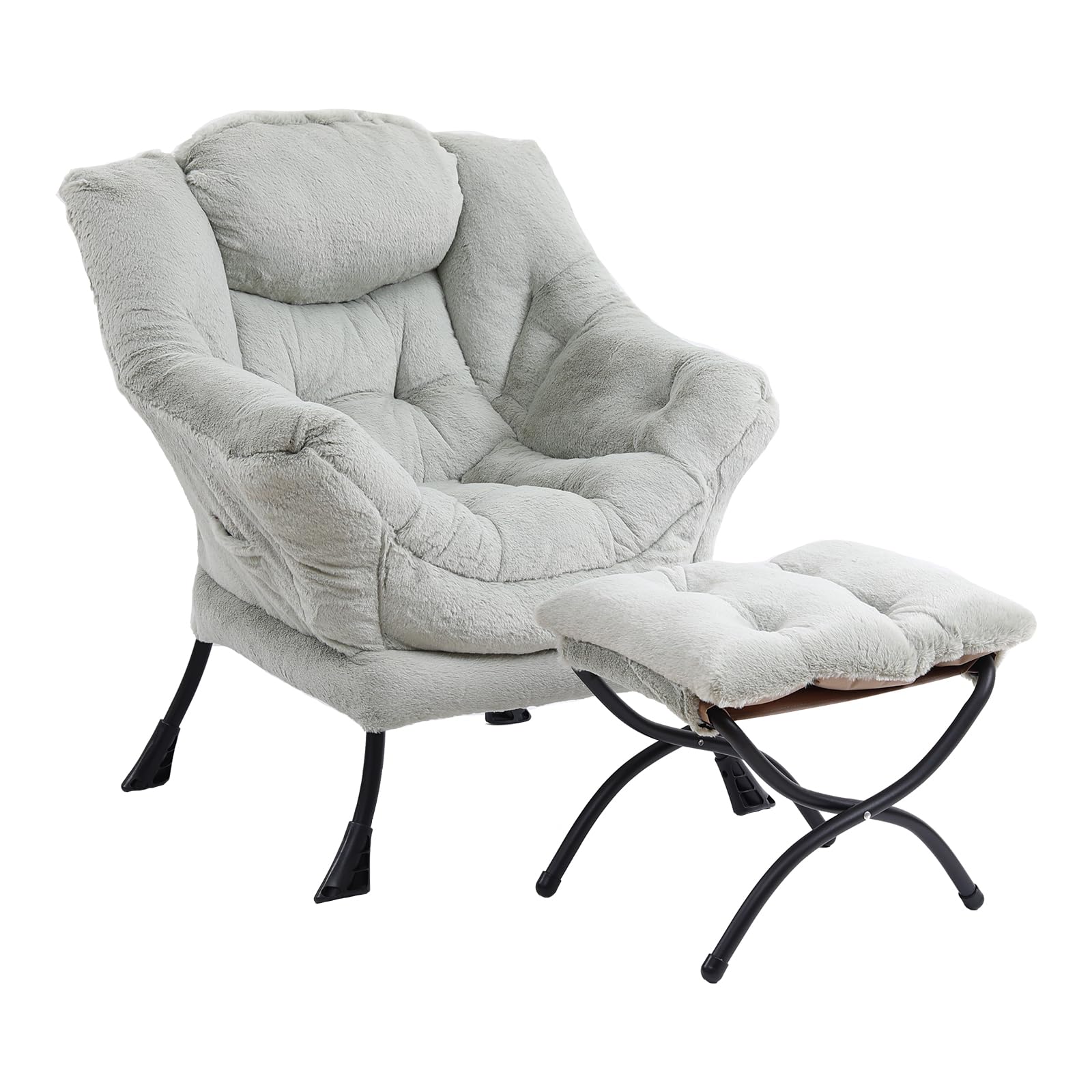 Furlide Lazy Chair With Ottoman, Modern Chair With Folding Footrest, Lounge Accent Chair, Comfortable Reading Chair (Plush Green