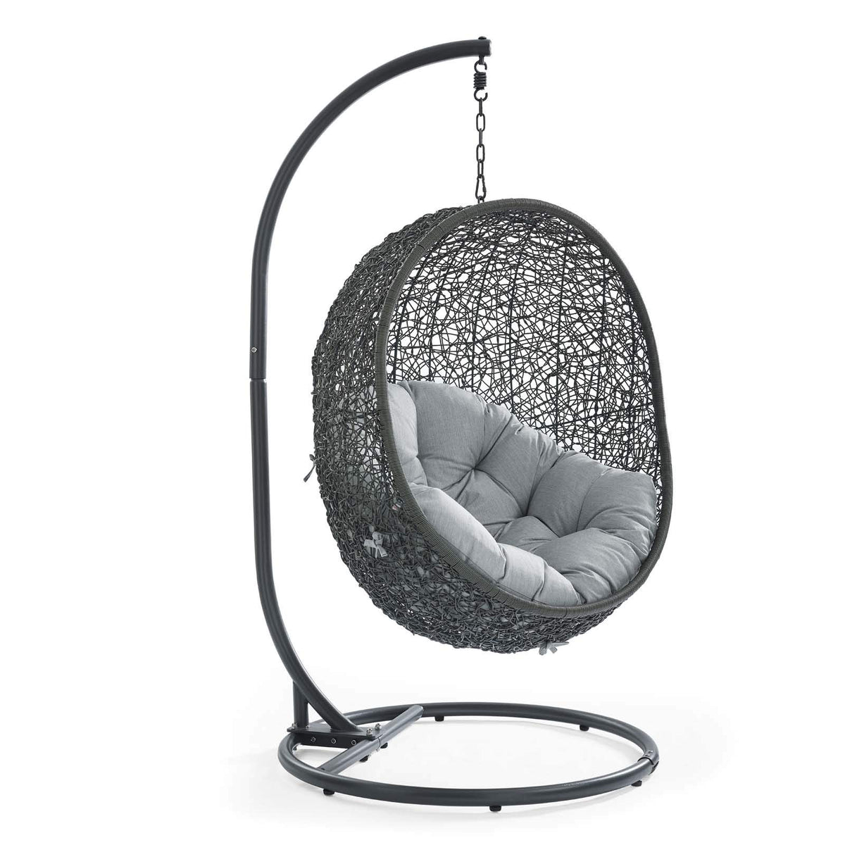 Modway Hide Wicker Rattan Outdoor Patio Porch Lounge Egg Swing Chair Set With Stand In Gray