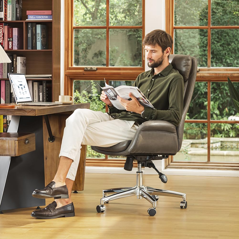 Glitzhome Mid-Century Modern Pu Leather Adjustable Swivel High Back Office Chair, Adjustable Task Chair With Lumbar Back Support