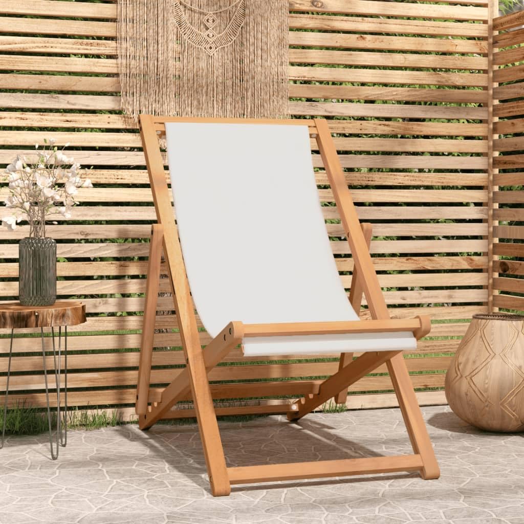 vidaXL - Adjustable and Foldable Teak Hardwood Deck Chair with Resistant Cream Fabric Seat and Backrest, Durable and Well-Crafted Outdoor Garden Furniture