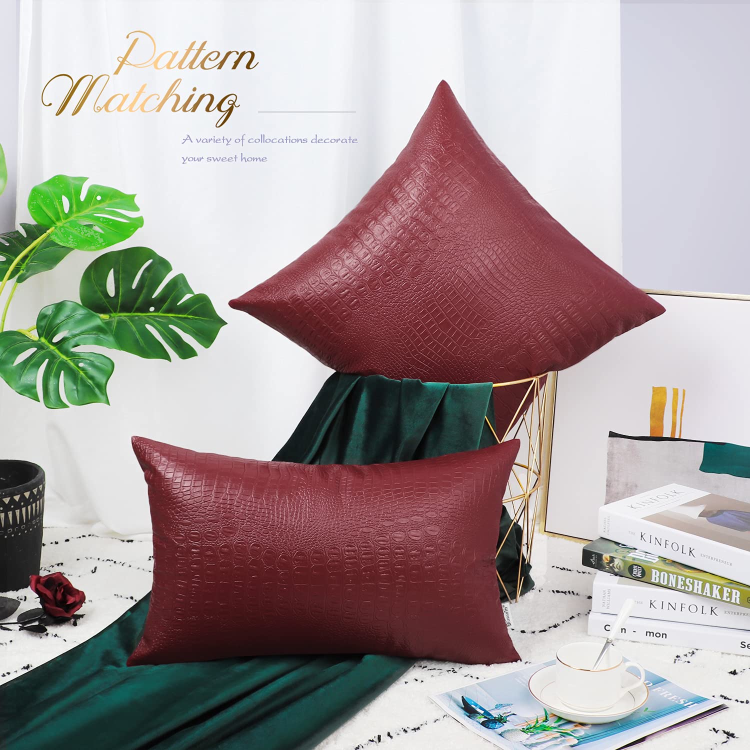 Brawarm Faux Leather Pillow Covers 12 X 20 Inches, Deep Red Leather Pillow Covers Pack Of 2, Crocodile Leather Decorative Lumbar