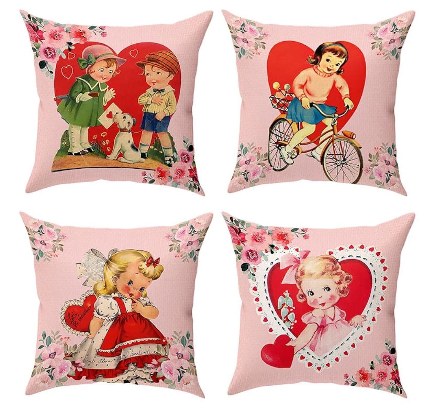 Valentines Day Decorations Pillow Covers 18X18 Set Of 4, Vintage Burlap Decorative Cushion & Throw Pillows Cases For Valentines