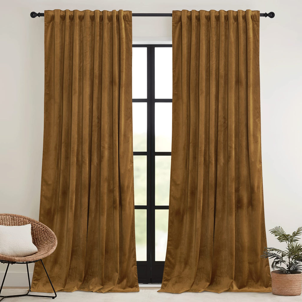 Ryb Home Brownish Gold Velvet Curtains 108 Inch, Retro Vintage Room Darkening Window Curtains For Living Room Drafts Block Privacy Shades For Bedroom Playroom Home Theater, W52 X L108 Inch, 2 Panels