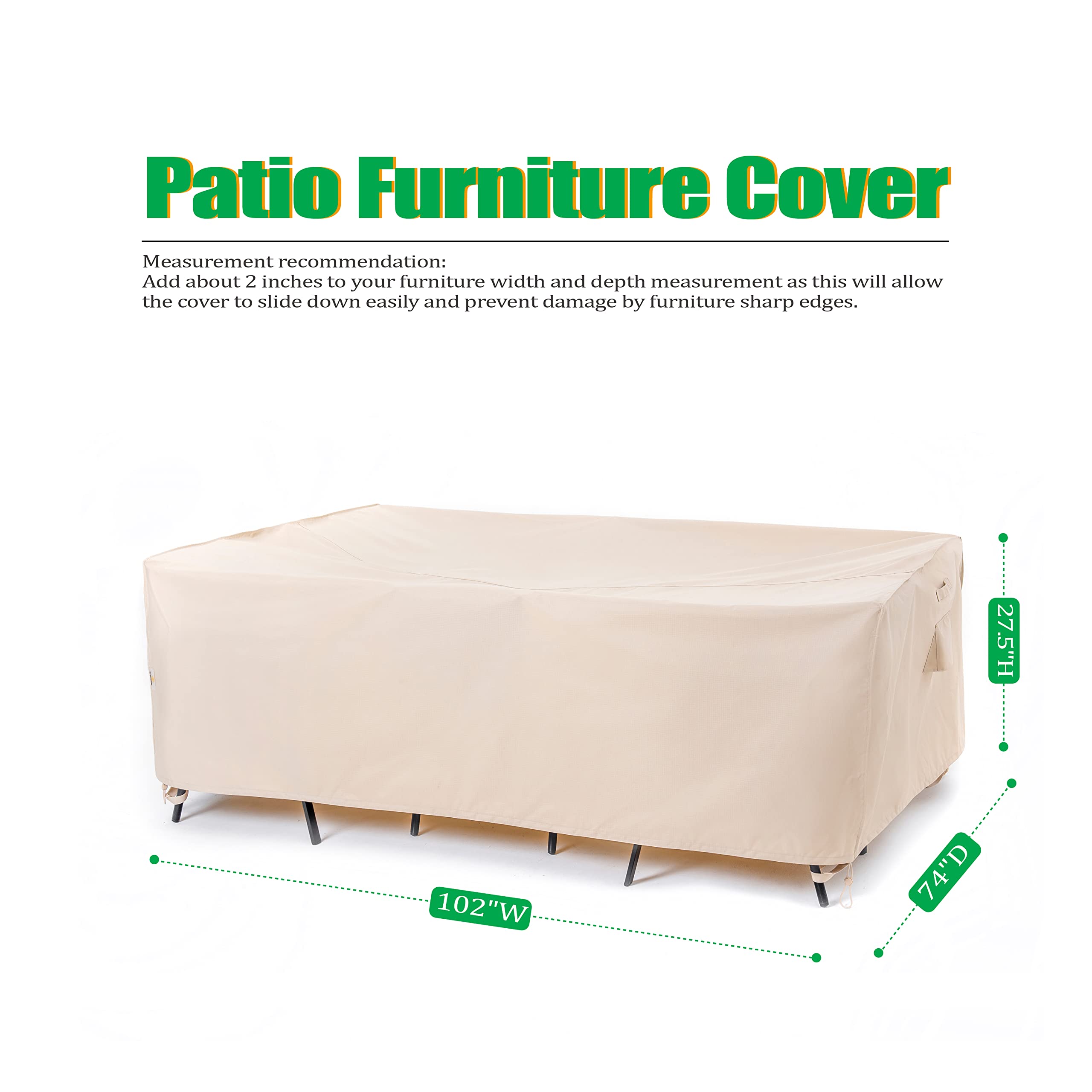 F&J Outdoors Patio Furniture Covers, Waterproof Anti-Uv For Table And Chairs Set, Beige, 102'X74'