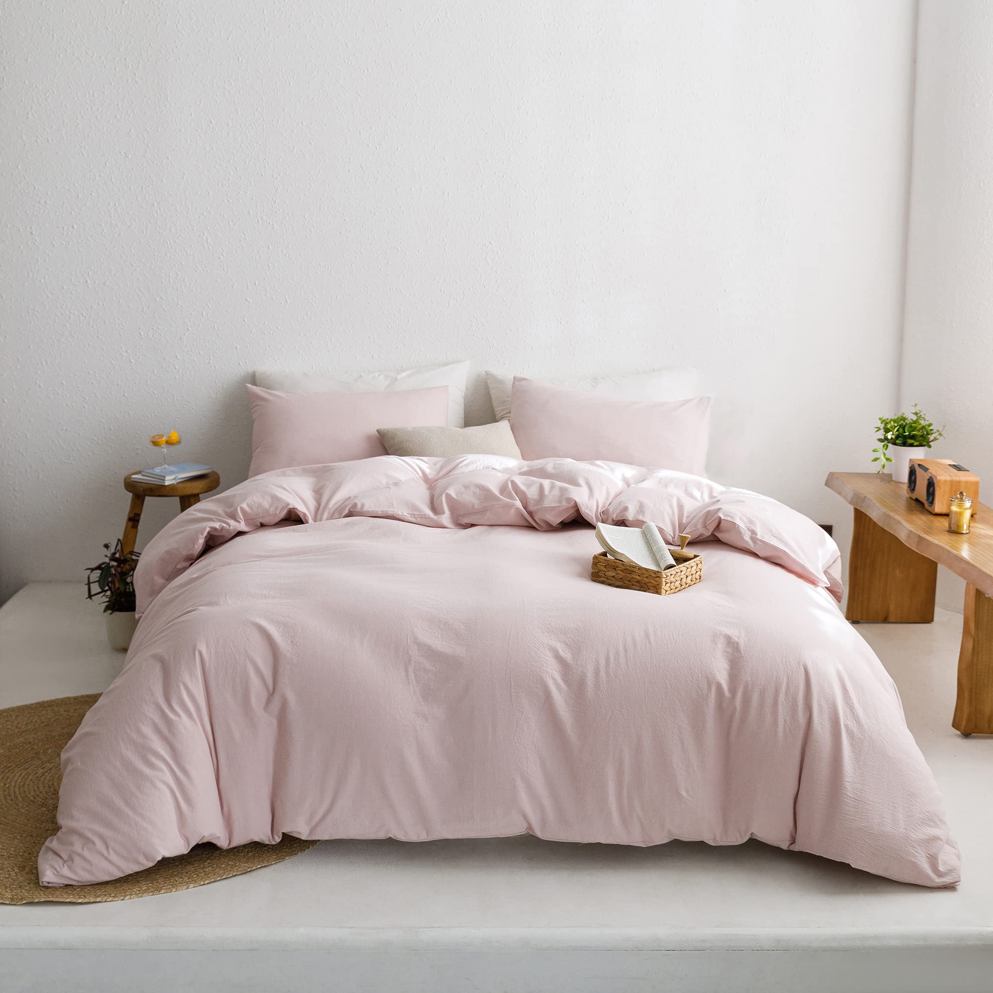 Ecocott Pink Duvet Cover Queen Size - 100% Washed Cotton Durable Soft Comfy Duvet Cover Set, 3 Pieces Duvet Cover With Zipper Cl