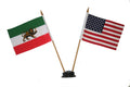 Usa & Iran Persian Lion Small 4 X 6 Inch Mini Double Country Stick Flag Banner With Black Stand On A 10 Inch Plastic Pole .. New