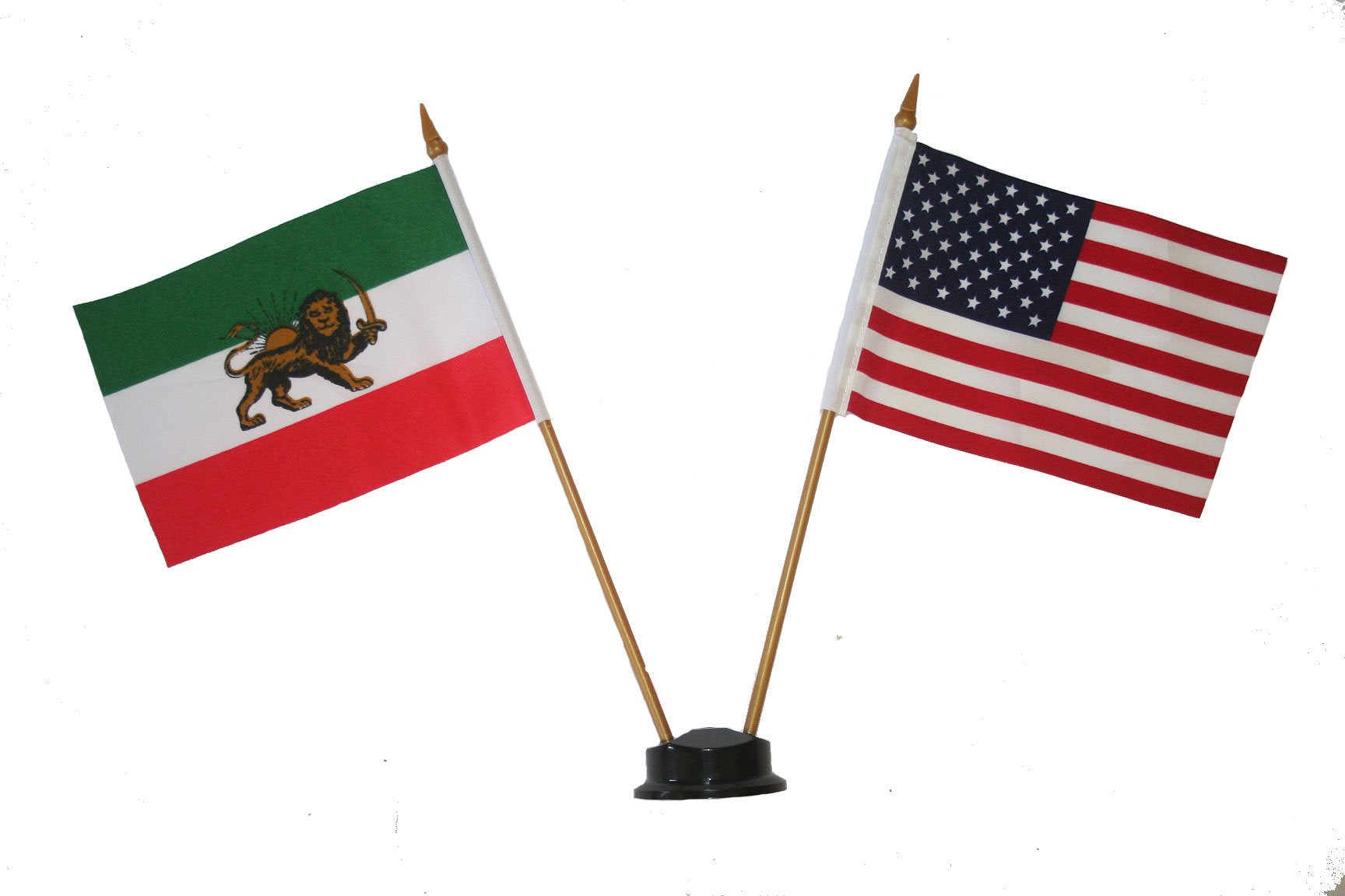 Usa & Iran Persian Lion Small 4 X 6 Inch Mini Double Country Stick Flag Banner With Black Stand On A 10 Inch Plastic Pole .. New