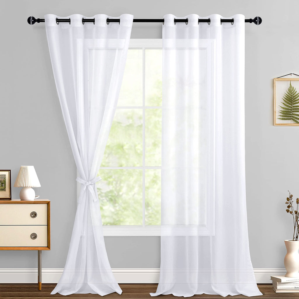 Hiasan White Sheer Curtains With Tiebacks, Light Filtering Voile Textured Drapes Extra Long Grommet Window Curtains For Bedroom, Living Room, Patio Door, W52 X L120, Set Of 2 Panels