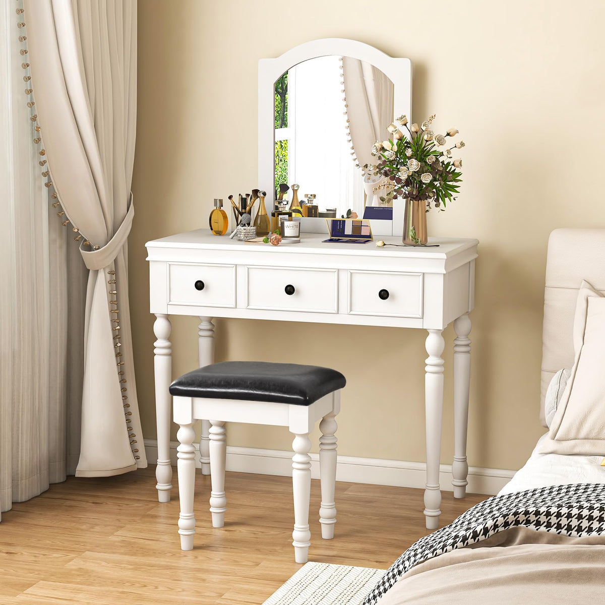 Charmaid Makeup Vanity Desk With Mirror And Stool, 34'' Wide Vanity Table Set With Large Mirror, 3 Drawers, Cushioned Stool, Solid Wood Legs, Bedroom Dressing Table, Gift Idea (White)
