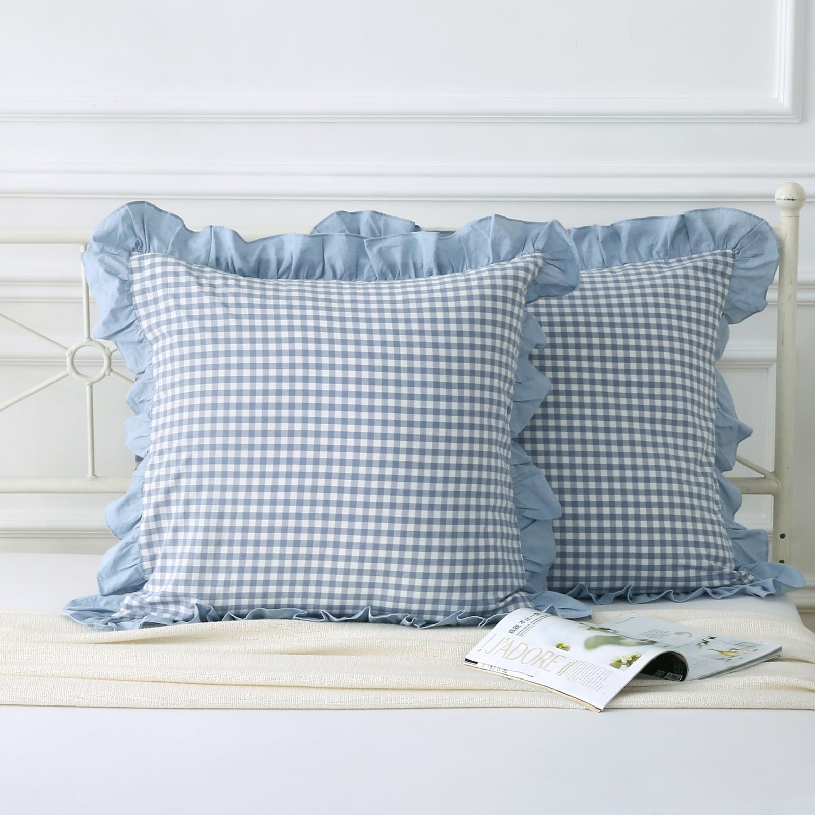 Mywinlle Blue White Plaid Euro Pillow Shams 2 Pack Ruffle Pillowcases,Shabby French Country Checkered Pillow Cover Washed Cotton