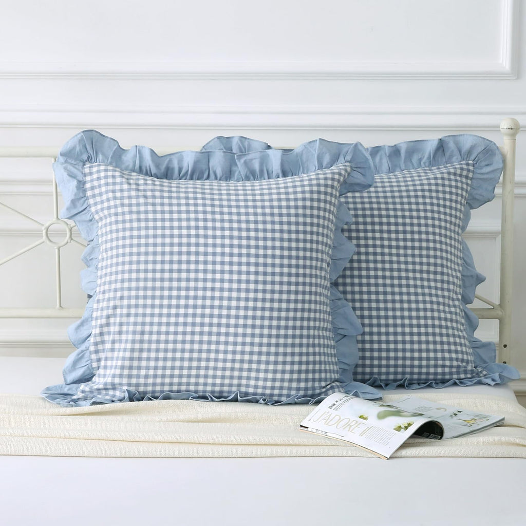 Mywinlle Dusty Blue Plaid Ruffle Throw Pillow Covers For Couch 20''X20'',2 Pack Vintage Checkered Washed Cotton Pillow Cases For