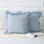 Mywinlle Dusty Blue Plaid Ruffle Throw Pillow Covers For Couch 20''X20'',2 Pack Vintage Checkered Washed Cotton Pillow Cases For