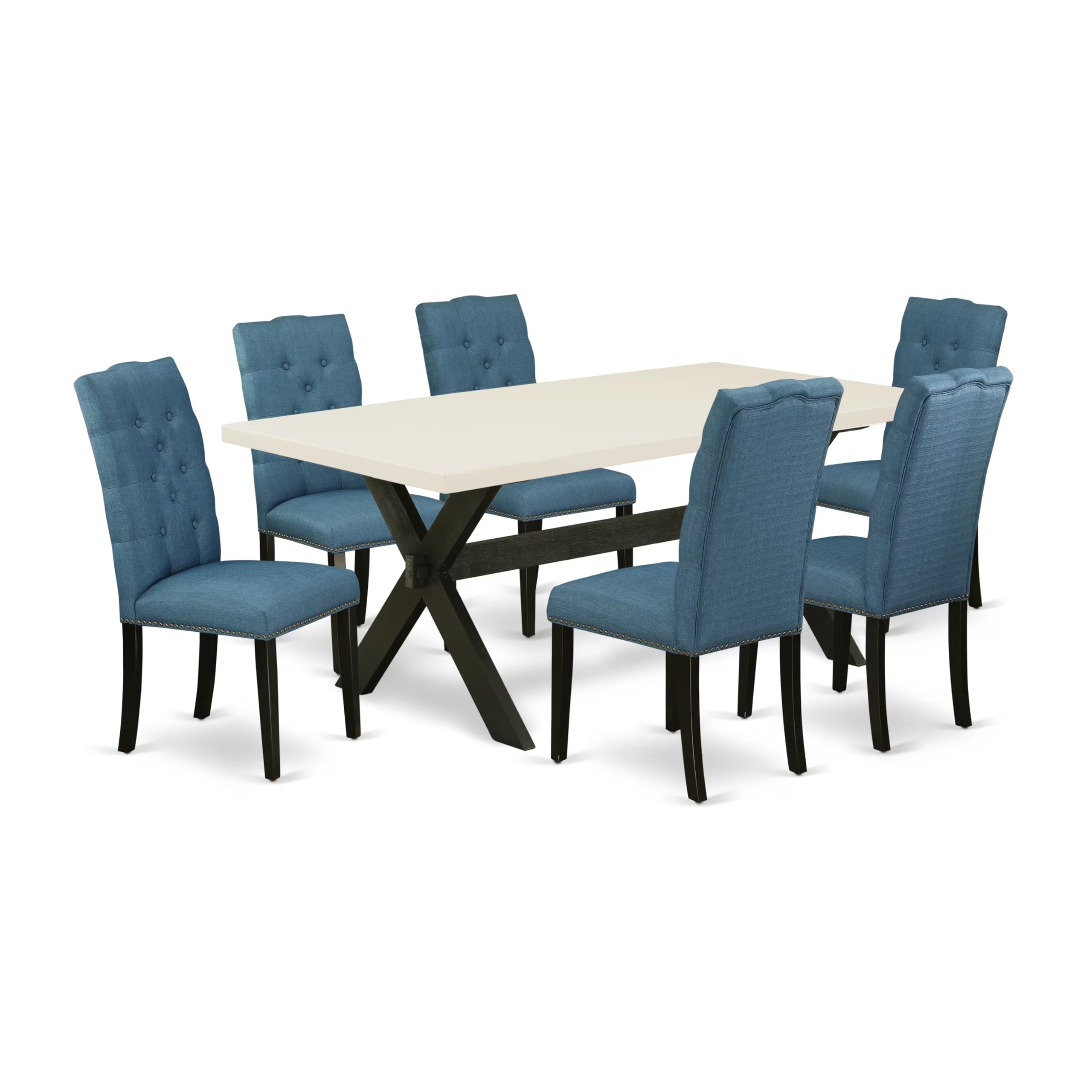 East West Furniture X627El121-7 7 Piece Dining Room Table Set Consist Of A Rectangle Kitchen Table With X-Legs And 6 Blue Linen Fabric Parson Dining Chairs, 40X72 Inch, Multi-Color