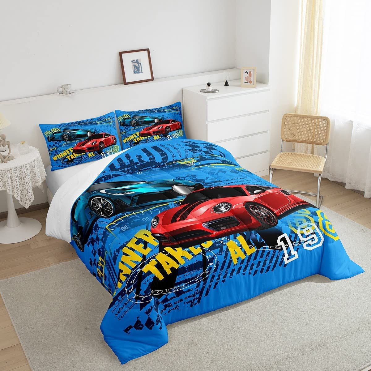 Sports Car Comforter Set Twin Size,Race Car Duvet Insert For Kid Teen Boys Girls Room Decor,Speed Race Sports Car Quilted Duvet,Extreme Sports Theme Quilt Cover With 1 Pillowcase