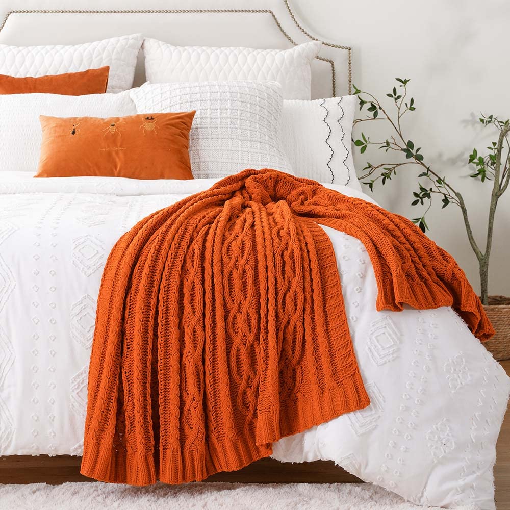 Battilo Burnt Orange Throw Blanket 51' X 67' Warm Fall Throw Blanket For Couch, Halloween Throw Blanket,Woven Chenille Knit Th