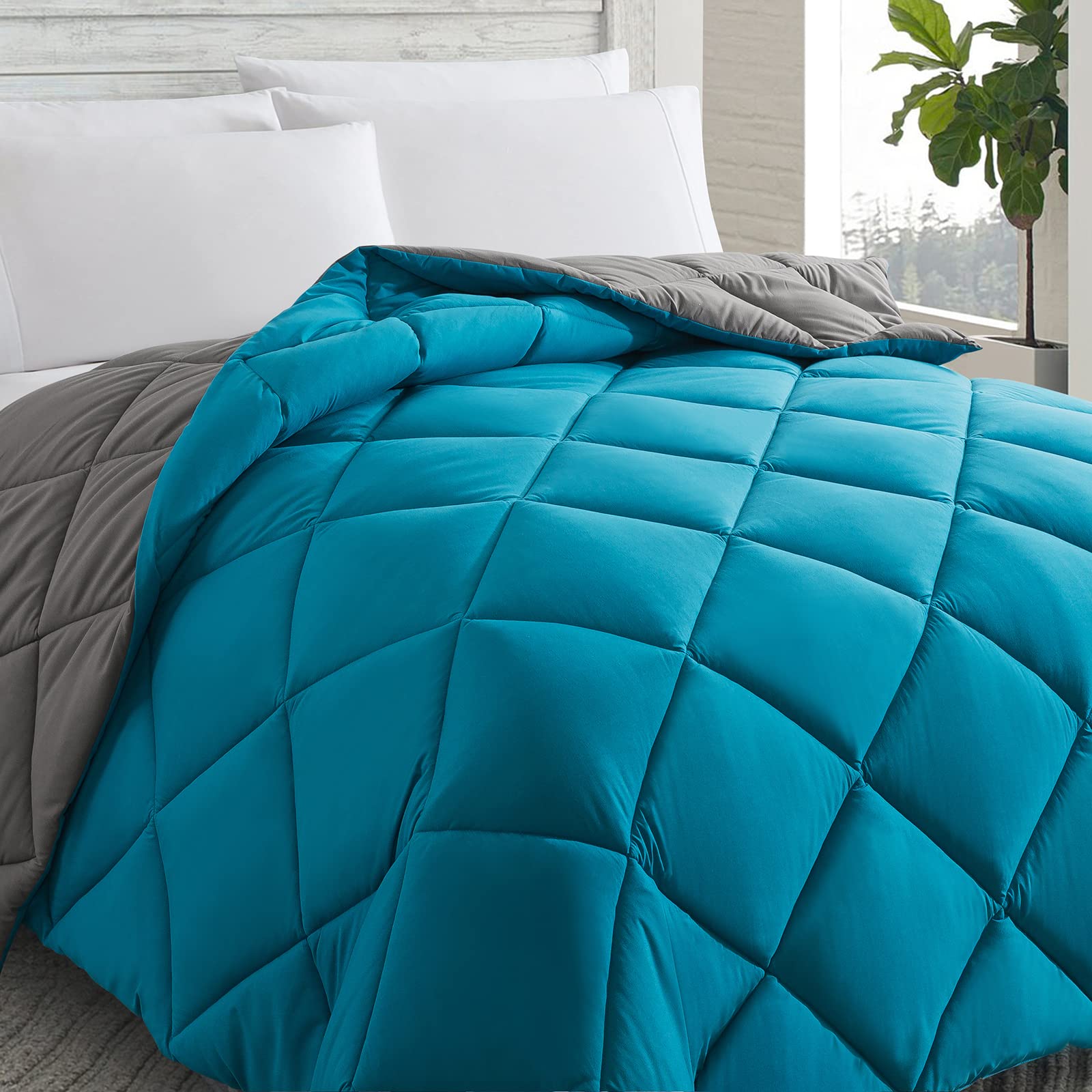 Cosybay Down Alternative Comforter (Algiers Blue/Dark Grey, King) - All Season Soft Quilted King Size Bed Comforter - Duvet Inse