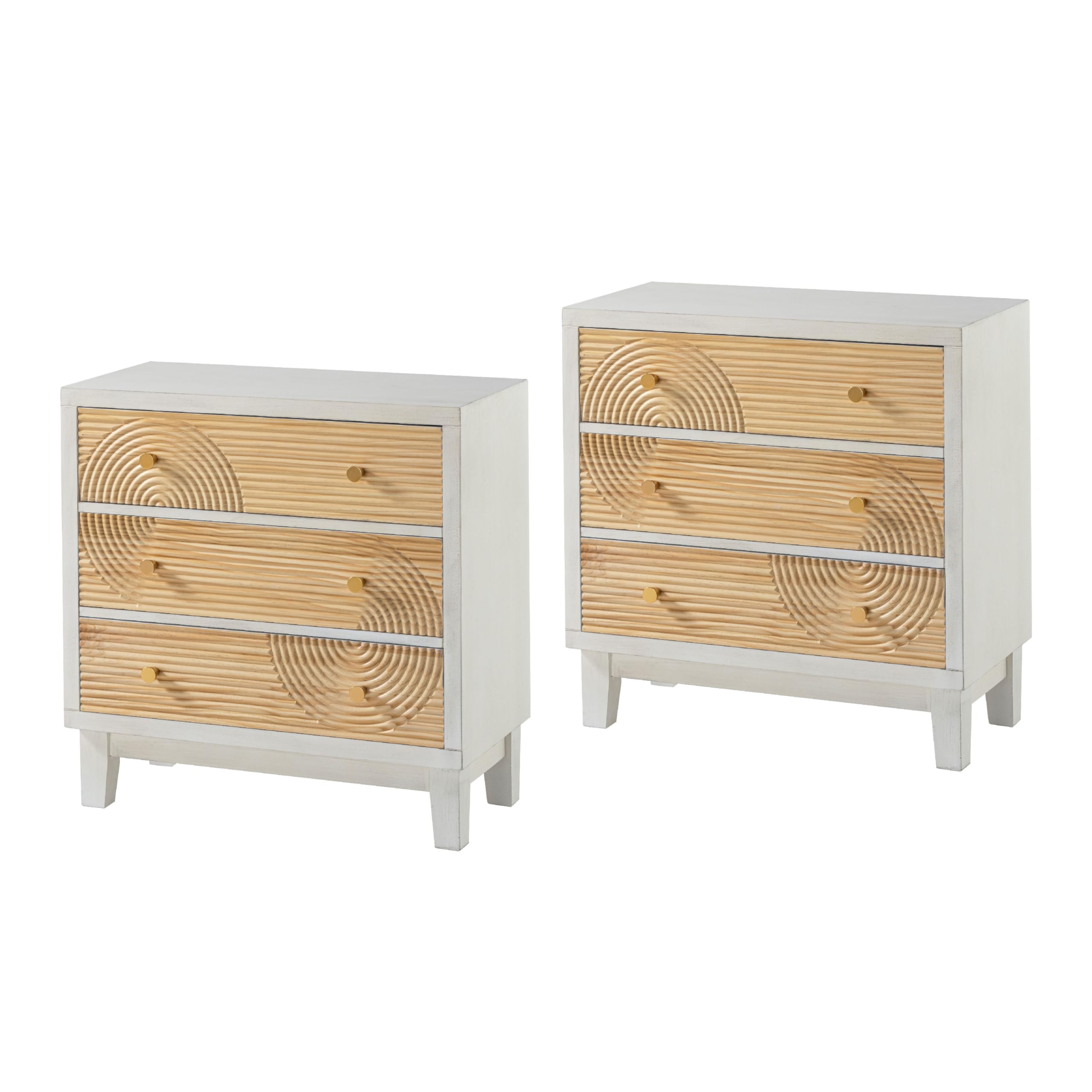 Cozayh 3-Drawer White Dresser X2 With Handicraft Wood Ring Motif, Fully Assembled Nightstand Wooden Finish For Boho, Mid-Century, Natural Wood, Rustic Style
