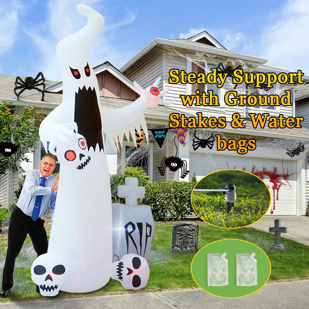 Hopoco 12 Ft Halloween Inflatables Outdoor Halloween Blow Up Yard Decorations Horror White Ghost With 3 Skull Heads Bleeding Eye