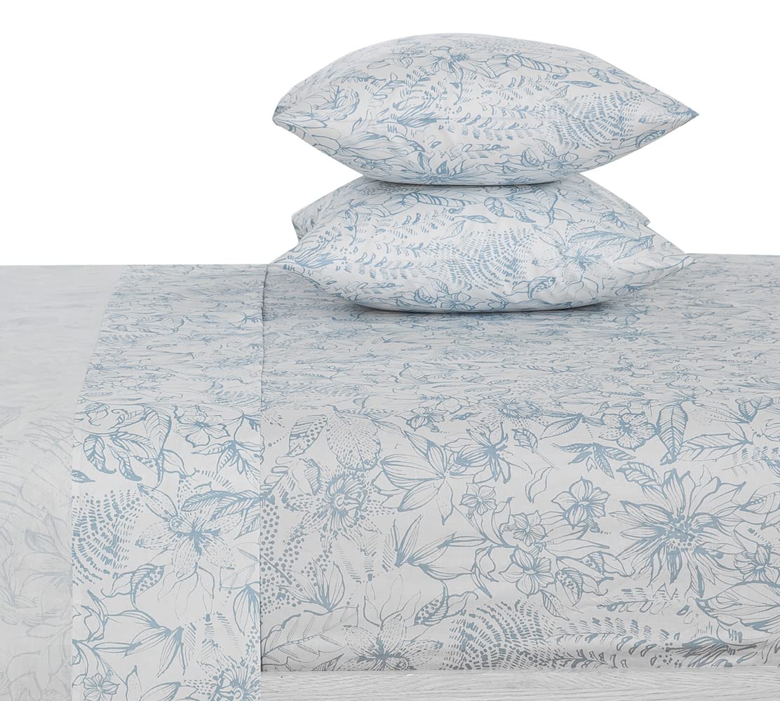 Dauaoto Cotton Sheets Set Queen Size 4 Pieces Flower Bedding Sets, Aqua Blue Floral Pattern, Up To 14' Deep