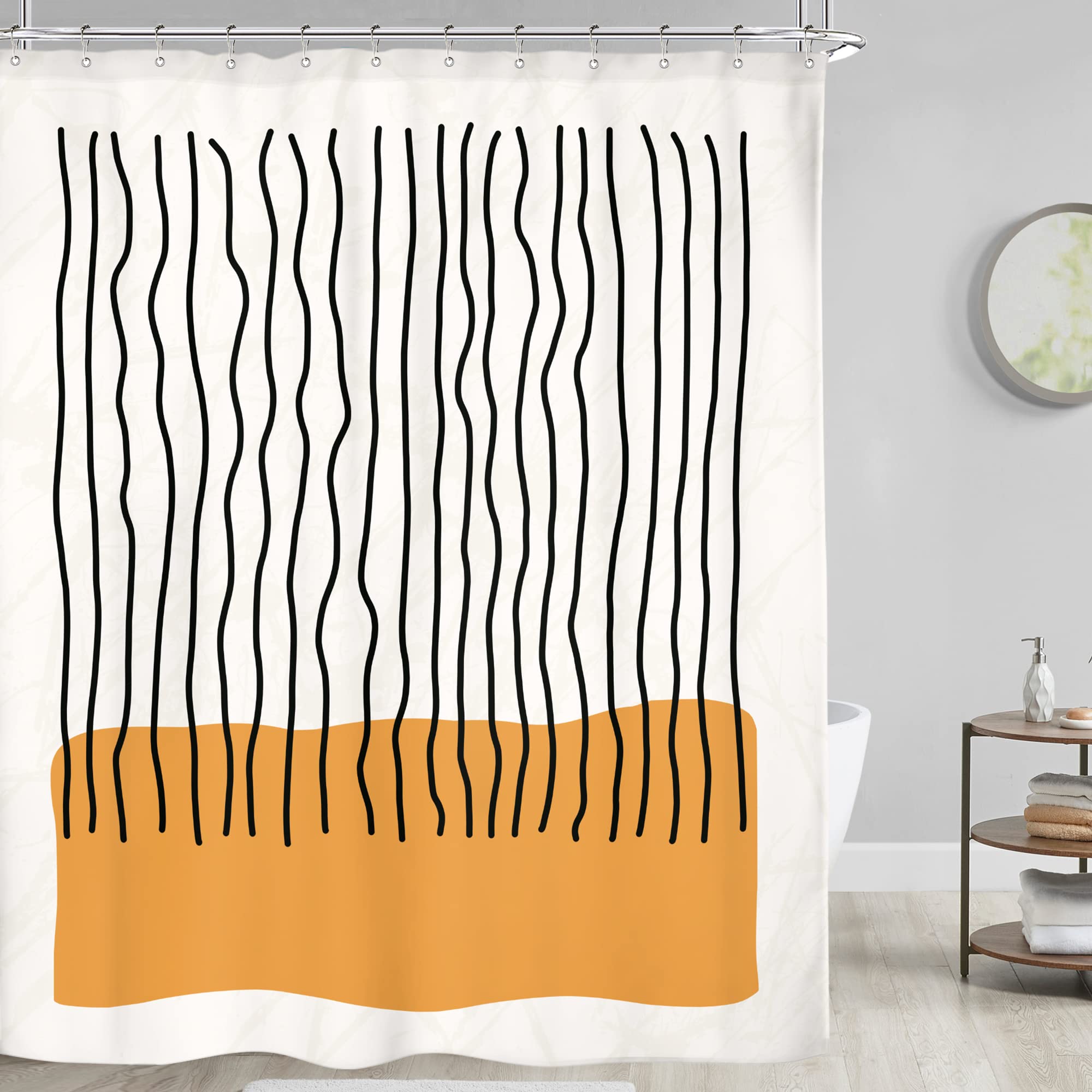 Riyidecor Abstract Mid Century Shower Curtain Modern Minimalist Vertical Stripe and Orange Block 60Wx72H Inch Black Line Colorfu