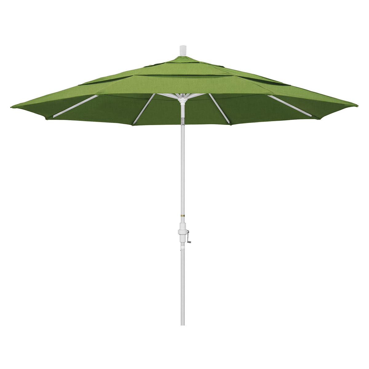 California Umbrella 11' Round Aluminum Market Umbrella, Crank Lift, Collar Tilt, White Pole, Sunbrella Spectrum Cilantro