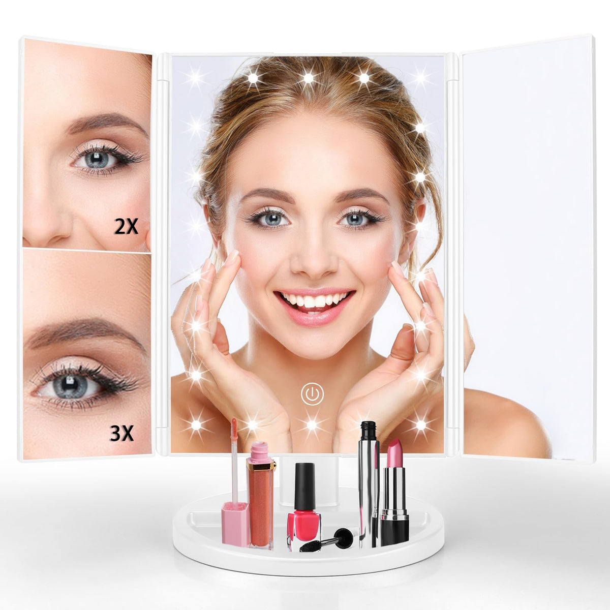 JAMIEWIN Lighted Makeup Mirror 3X/2X/1X Magnification 21 LED Trifold Vanity Mirror with Touch Sensor Dimming Portable Travel Mir