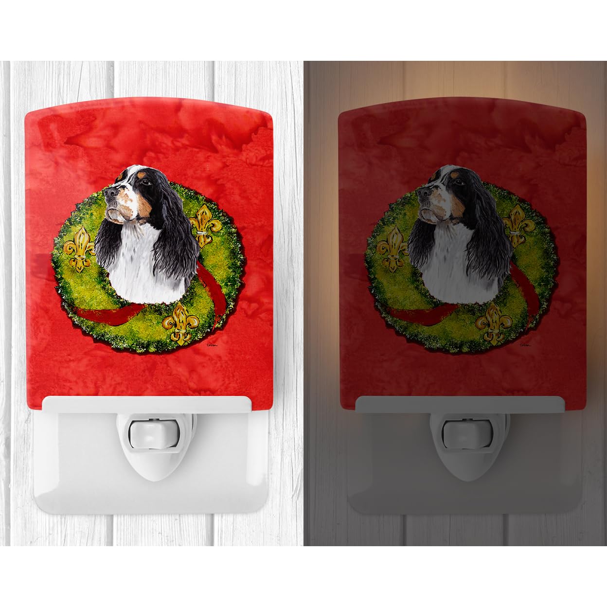 Caroline'S Treasures Sc9092Cnl Springer Spaniel Christmas Wreath Ceramic Night Light Compact, Ul-Certified, Ideal For Bedroom, B