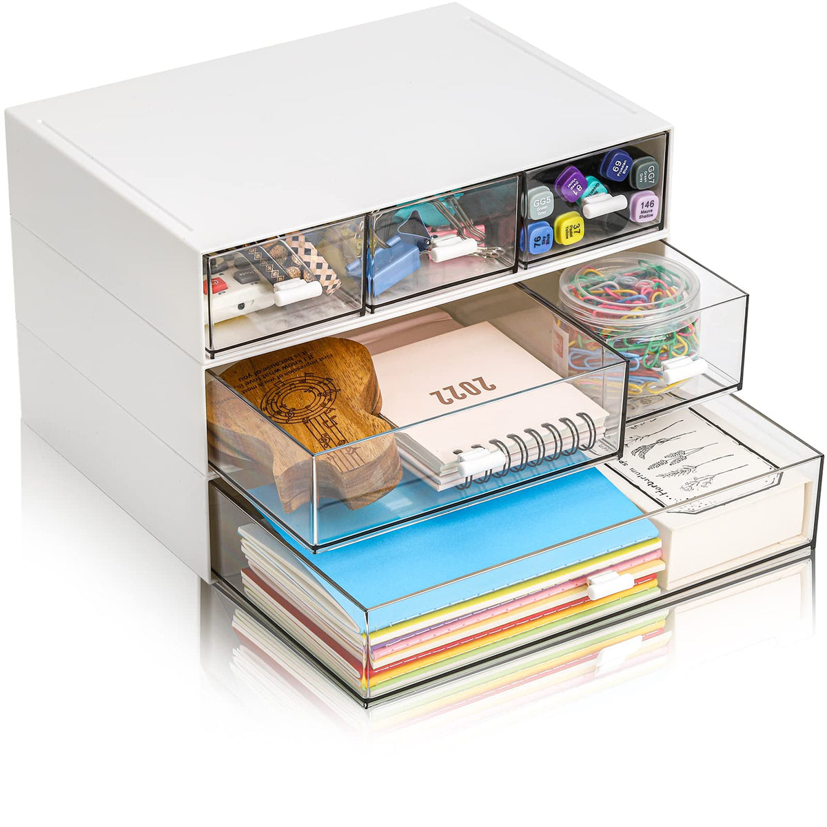 Lyellfe 3 Tier Desk Organizer With Drawer, Stackable Desktop Storage Box, Clear Plastic Office Supplies Jewelry Storage Case, Ma