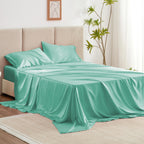 Love'S Cabin Satin Queen Sheets Set - 4 Piece Aqua Silky Satin Bed Sheets Queen Set With Deep Pocket, Luxury Silk Feel Satin Queen Size Sheet Set (1 Flat Sheet,1 Fitted Sheet,2 Pillow Cases)