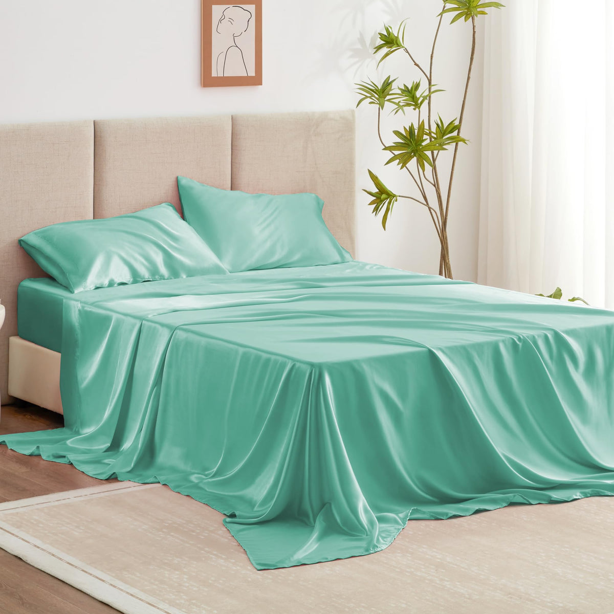 Love'S Cabin Full Satin Bed Linen Set, 4 Piece, Aqua, Silky Soft, Luxury Feeling, Wrinkle Resistant, Deep Pockets, Fitted & Flat