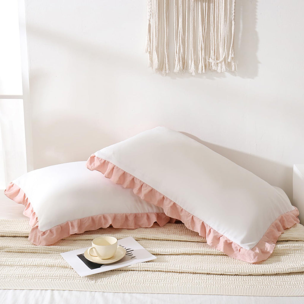 Merryword Pink Pillow Shams White And Pink Reversible King Pillowcases Cute Pillow Cover Set Of 2 Soft Shabby Chic Ruffled Pillo