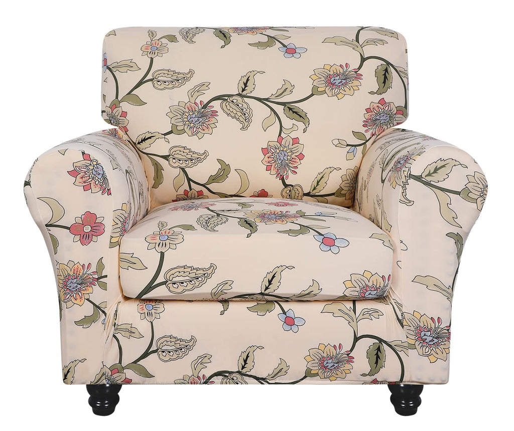 Searchi Stretch Sofa Cover Printed Couch Covers, Floral Pattern 2 Piece Armchair Slipcover With Separate Chair Cushion Cover, Washable Furniture Protector For Living Room(Armchair, Yellow+Flower)