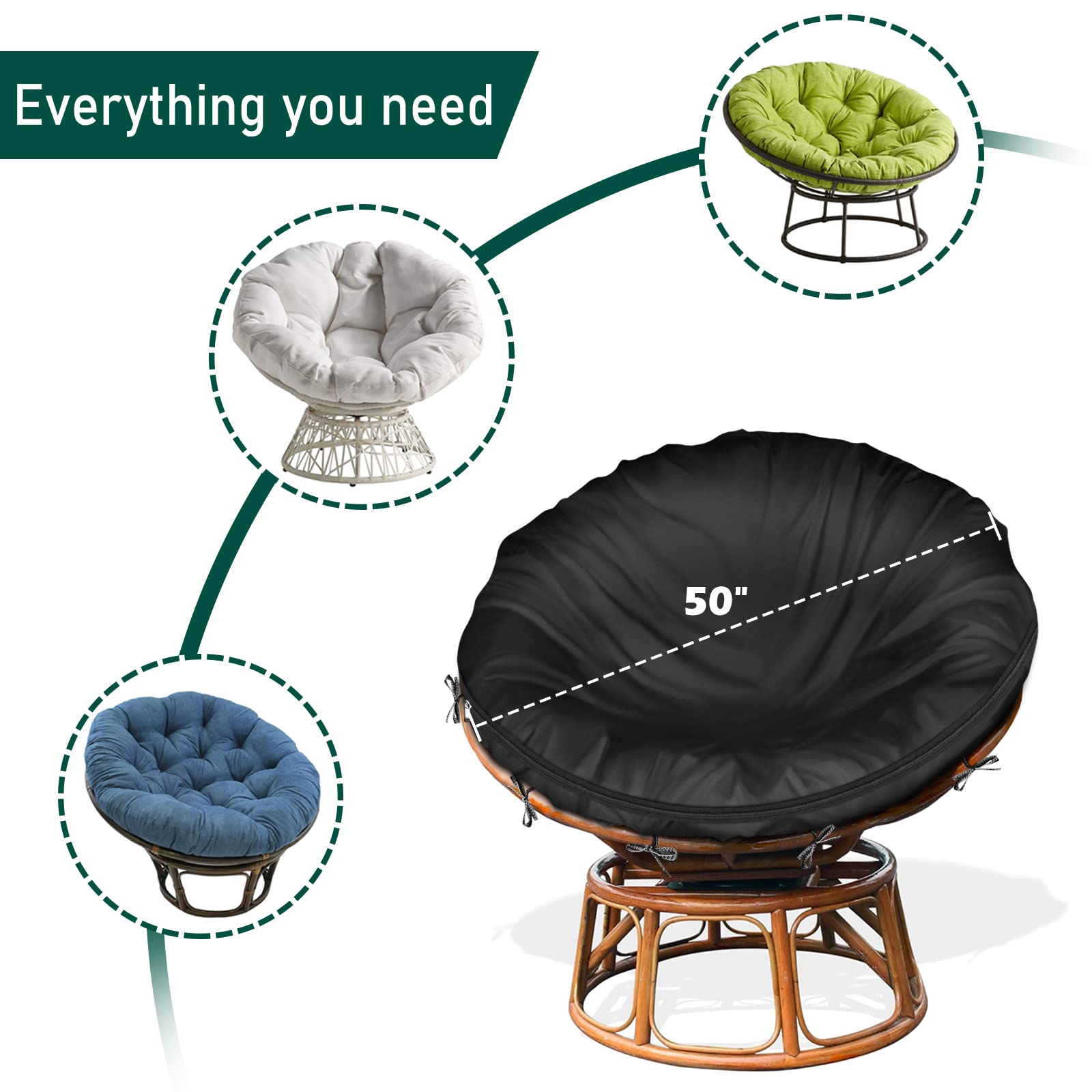 Iceberg Elf Outdoor Papasan Cushion Cover Only,(For 40In-50In Papasan Cushion Cover Waterproof) Black, Zipper Design For Easy Cl