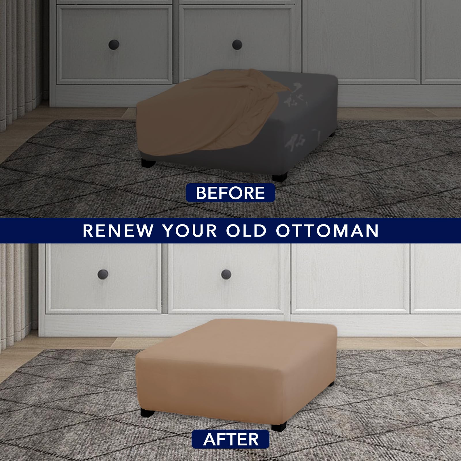 Purefit Super Stretch Form Fit Square Ottoman Cover Rectangle - Ottoman Slipcovers For Foot Stool & Folding Storage Furniture For Living Room With Nonslip Elastic Bottom (Medium-Xl, Camel)