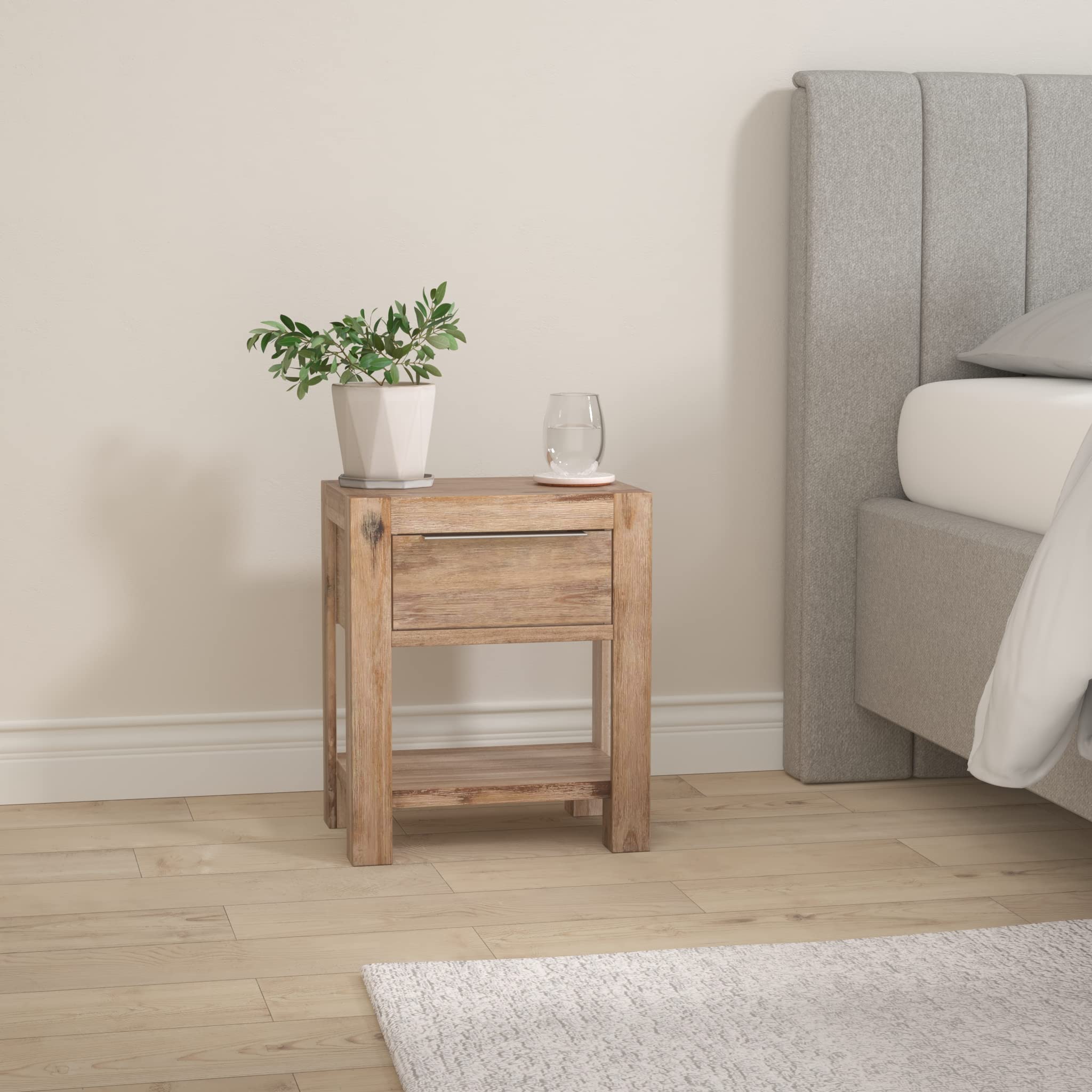 vidaXL Solid Acacia Wood and MDF Nightstands - Set of 2, Brown 15.7x11.8x18.9, Distressed Finish, Bedroom Table, Storage Solution, Retro Style