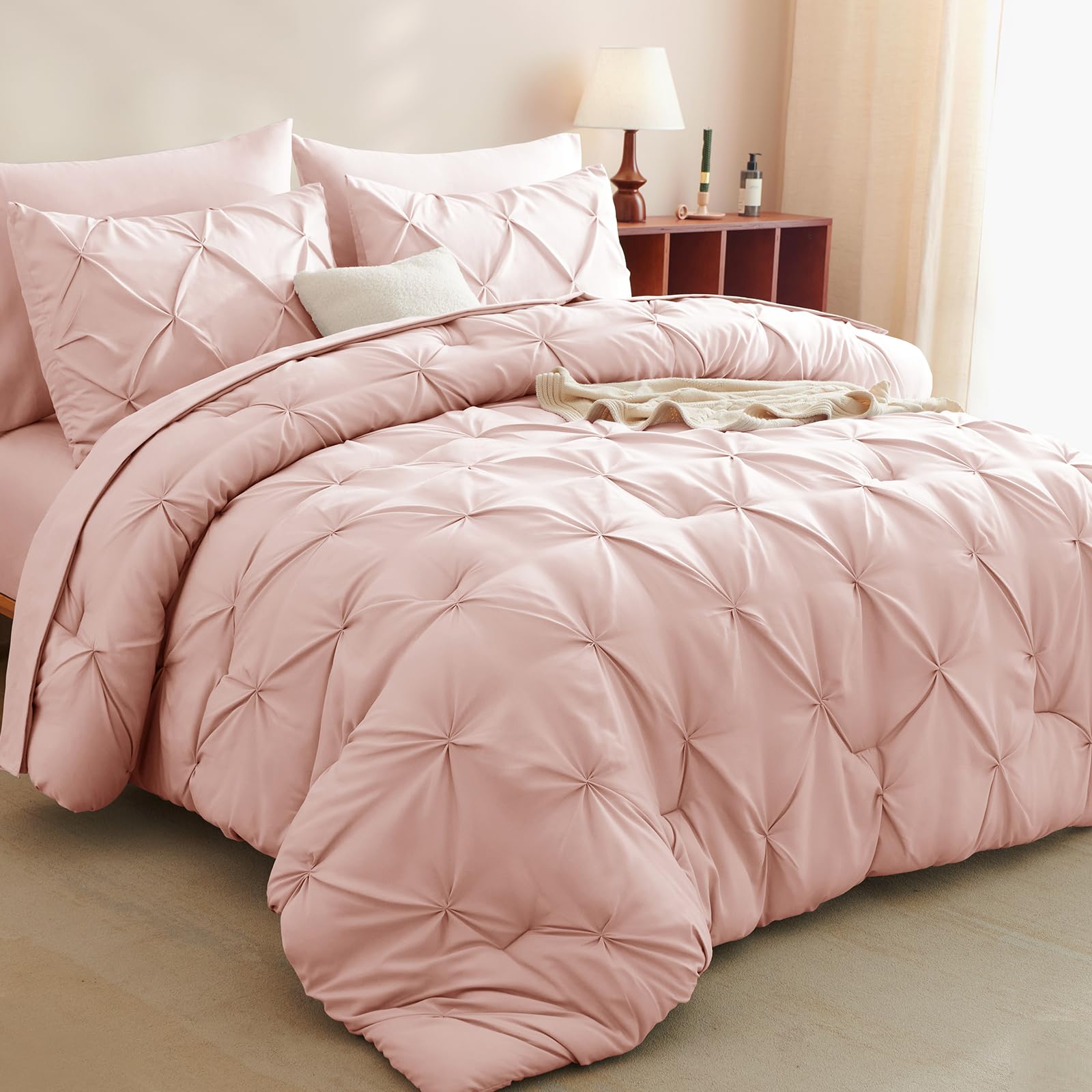 Cozylux King Size Comforter Set - 7 Pieces Bed In A Bag Blush Pink, Pintuck Comforters Pinch Pleat Bedding Sets With All Season