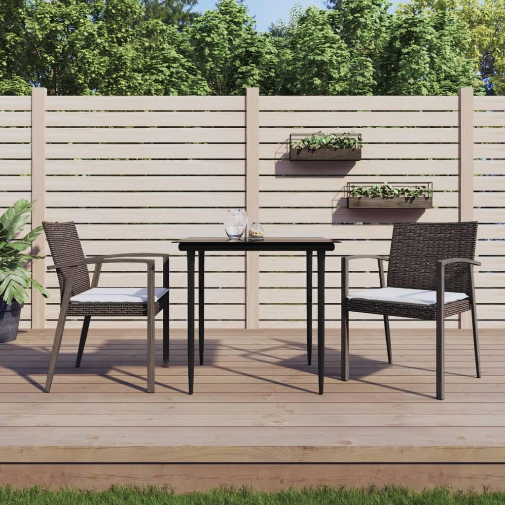 vidaXL 3-Piece Patio Dining Set - Weather-Resistant Black Poly Rattan and Steel Frame with Comfortable Cushions and Smooth Tempered Glass Tabletop