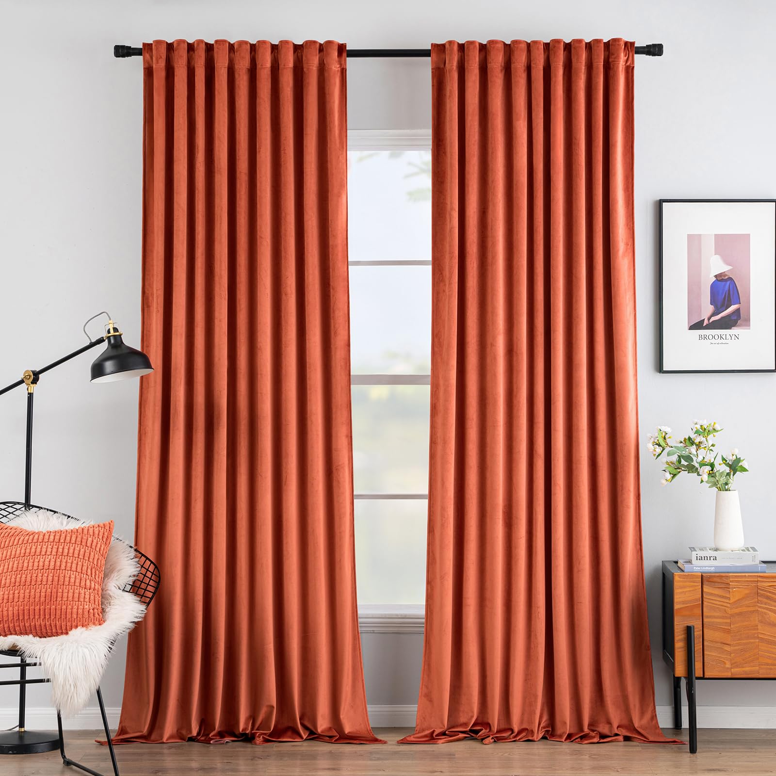 Miulee Terracotta Velvet Curtains 96 Inches Long 2 Panels- Pinch Pleated Luxury Rust Burnt Orange Window Curtains For Bedroom Li