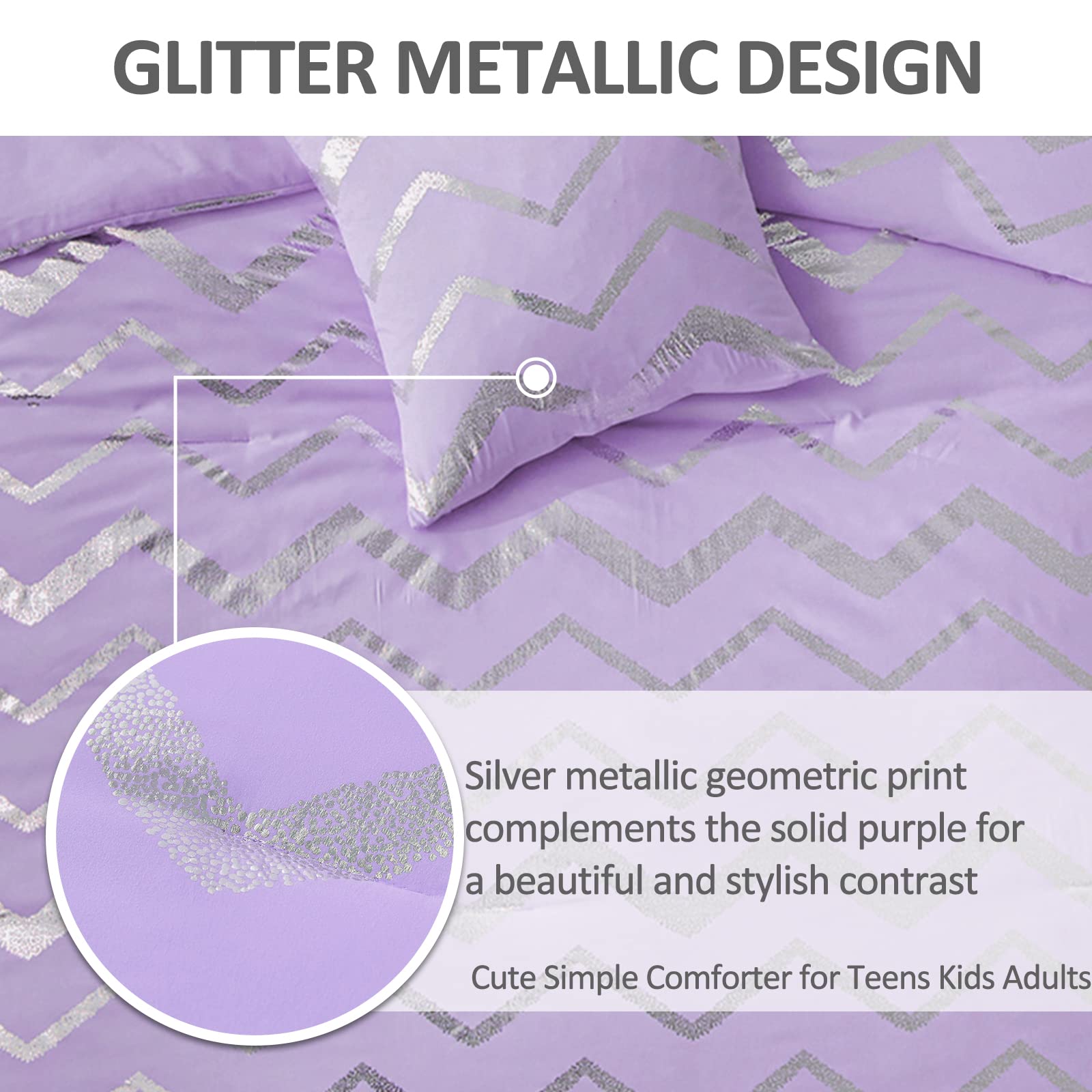 Menghomeus Purple/Silver Comforter Set Twin Lavender Metallic Print Glitter Bedding Set Cute Shinny Lilac Bed Sets For Teen Girl