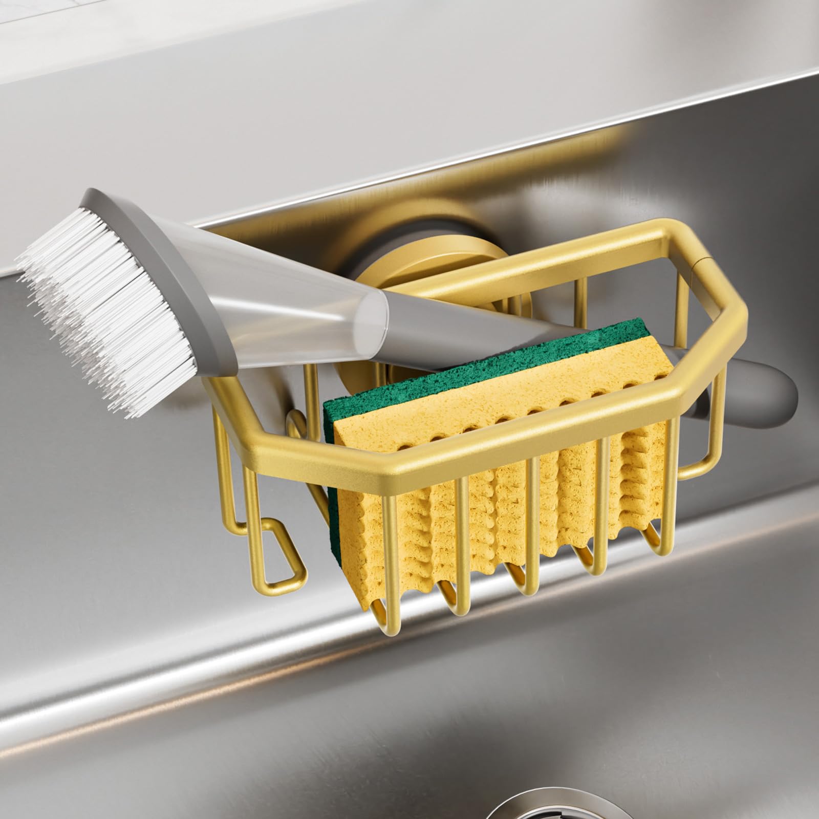 TAILI Sponge Holder for Kitchen Sink with Strong Suction Cup Removable, Rustproof Aluminum Sink Caddy for Sponge, Brush, Scrubbe