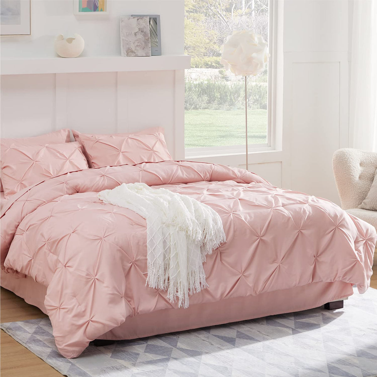 Bedsure King Size Comforter Set - Bedding Set King 7 Pieces, Pintuck Bed In A Bag Pink Bed Set With Comforter, Sheets, Pillowcas