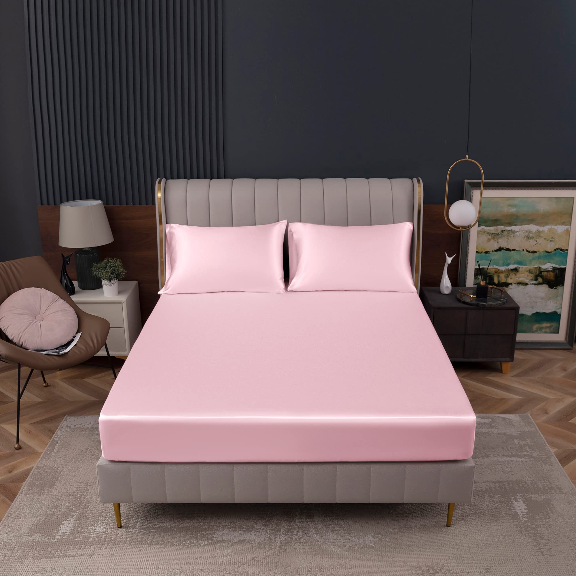 Homiest Blush Pink Satin Fitted Sheet Full Size Fitted Bed Sheet, Deep Pocket Fitted Sheet Only, Luxury & Ultra Soft Bedding Fitted Sheet Single Bottom Bed Sheets Sold Separately