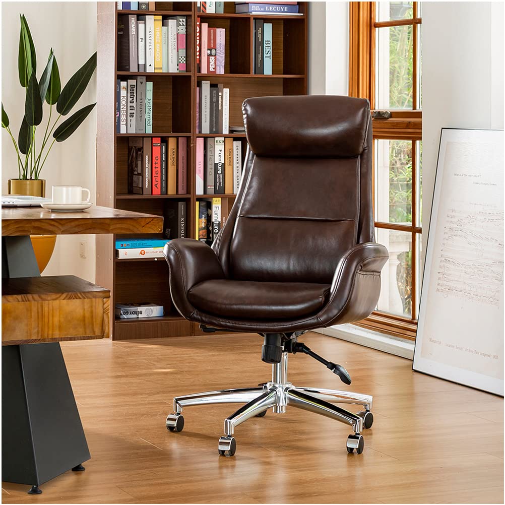 Glitzhome Pu Leather Adjustable High-Back Office Chair Home Executive Armrest Swivel Chair, Brown