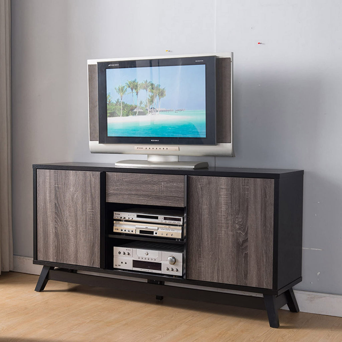 HomeRoots Black & Distressed Grey Particle Board/MDF Black and Distressed Gray TV Console